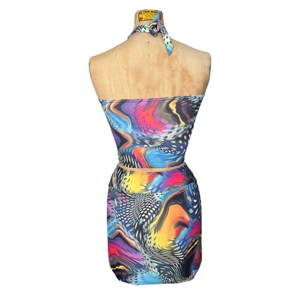 BabyLu Vintage Psychedelic Halter Crop Set - Top Medium Skirt Large - Picture 5 of 6